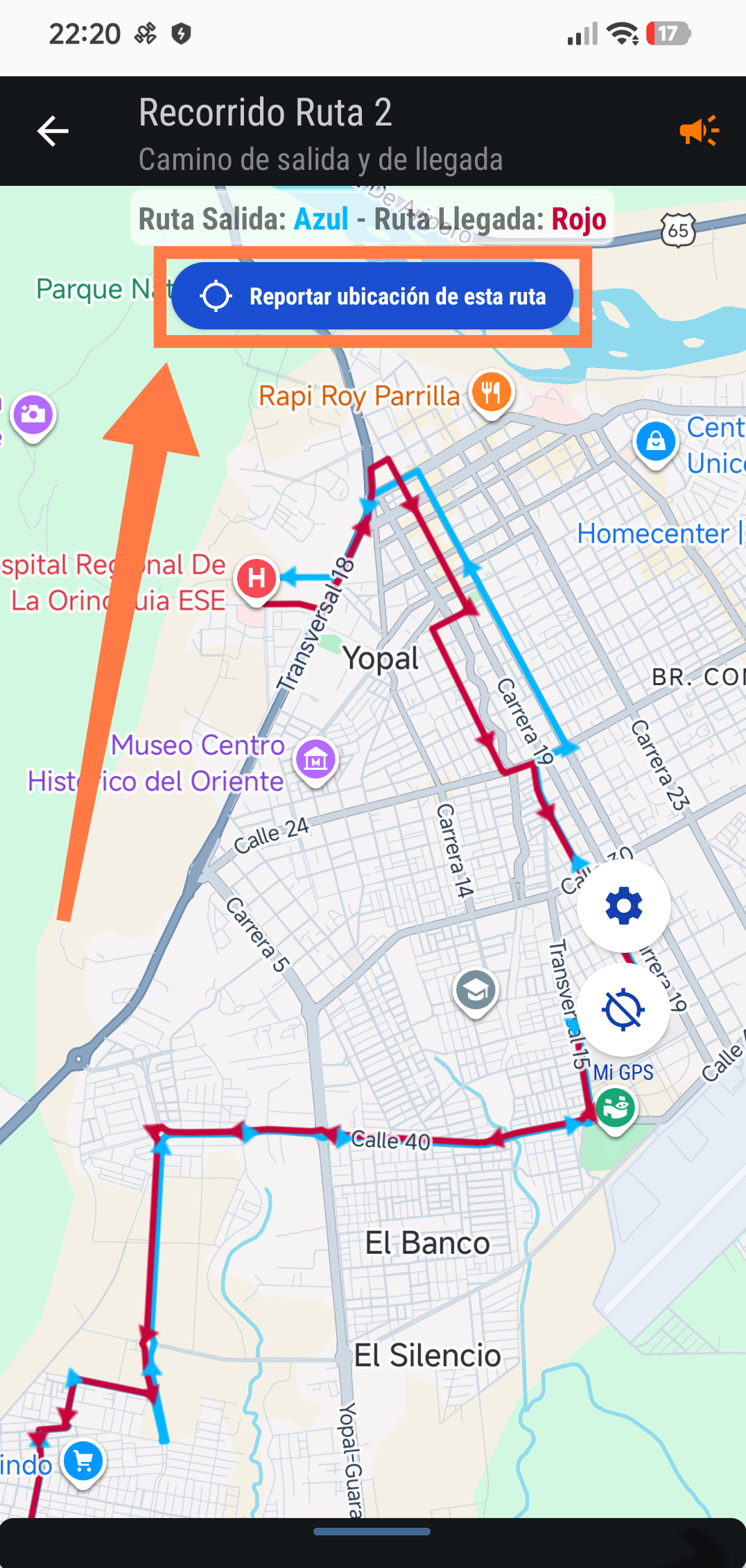 Pantalla del mapa en Busetas Yopal señalando el botón Reportar ubicación de esta ruta