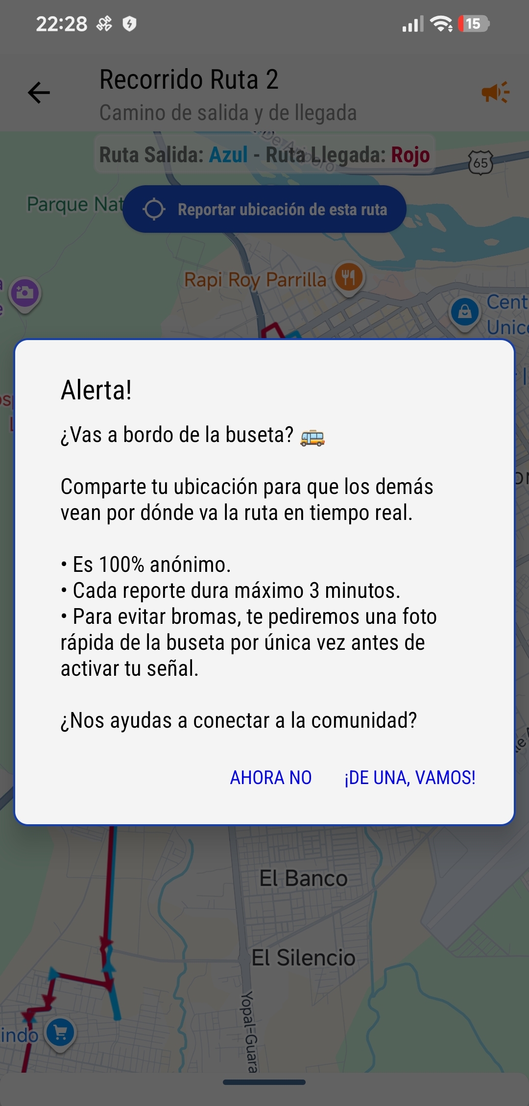Alerta modal de confirmación explicando que es 100% anónimo y foto única por seguridad